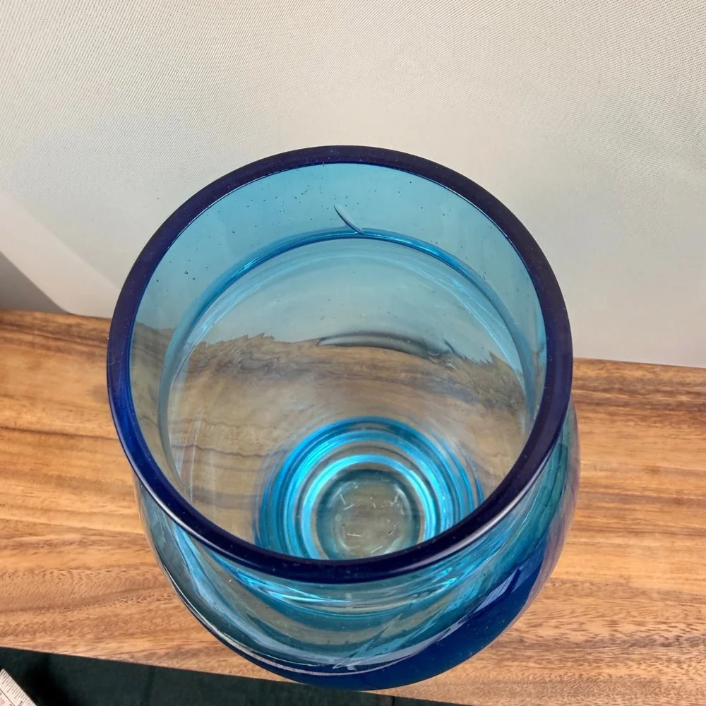 Vintage Hand Blown Turquoise Blue Glass Vase Mid Century Modern Decor 12 Inch